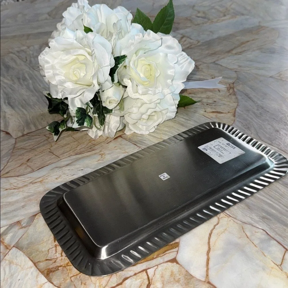 Ross Silver Rectangular Vanity Tray Fluted Border Metallic 9.5x4.5 Made in India